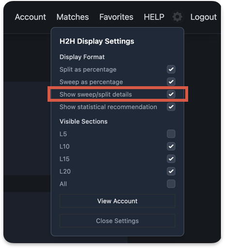 H2H Display Settings panel